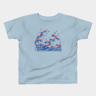 Blue Waves and Pink Cherry Flowers in Japanese Art Style Kids T-Shirt